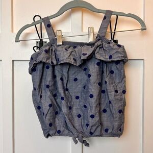 Girl’s Oshkosh Polka Dot Tie Ruffle Tank Crop Top Strap Gray Blue Elastic Size 7